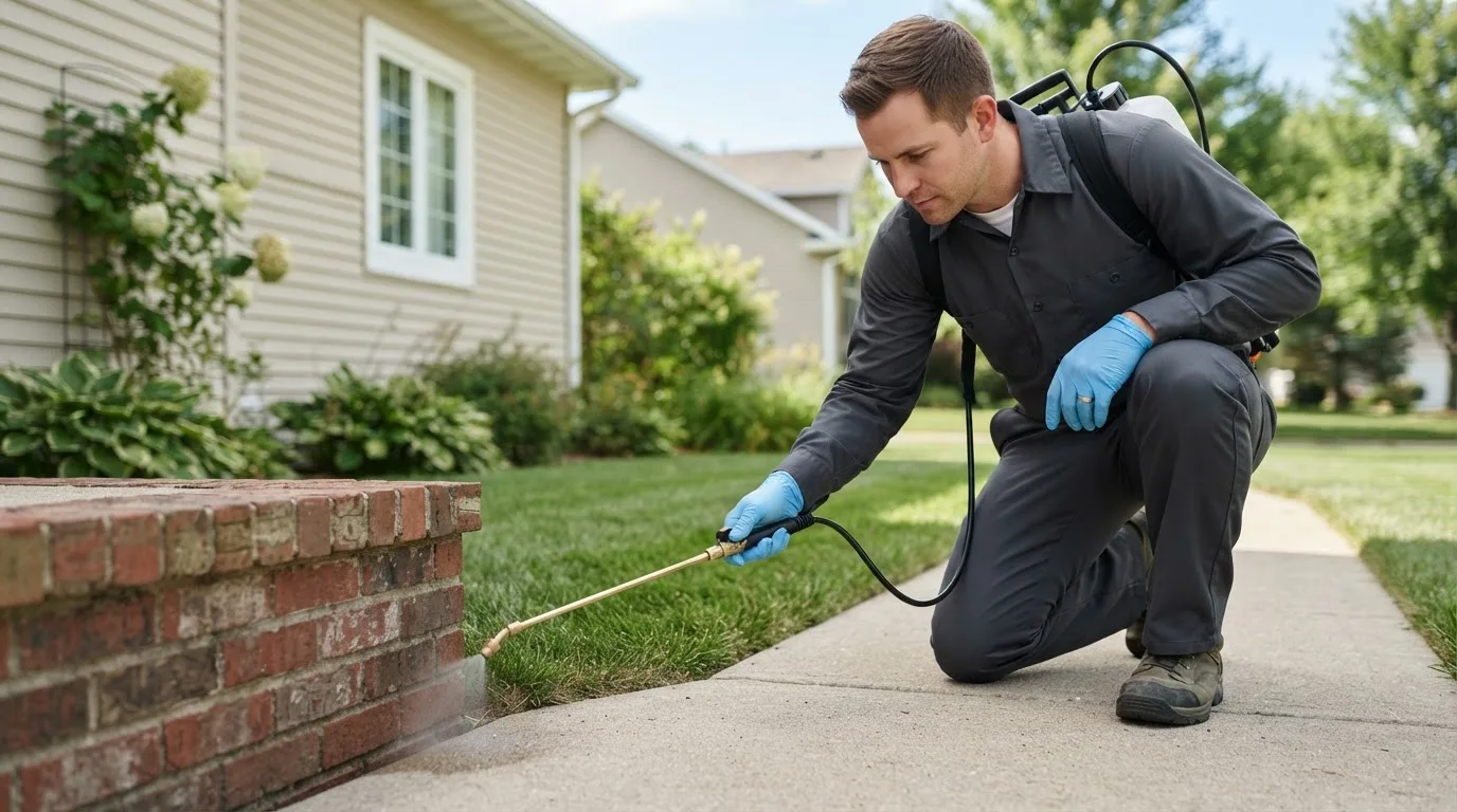 Pest control technician treating a home near Ringwood, OK